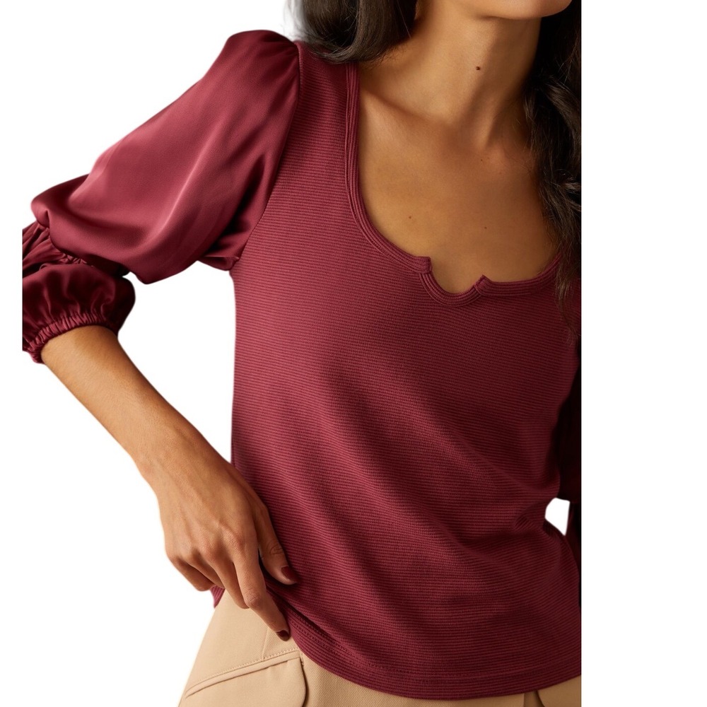 Anthropologie Maeve‎ Ribbed Tiered Sleeve Mixed Media Top Burgundy Size Small